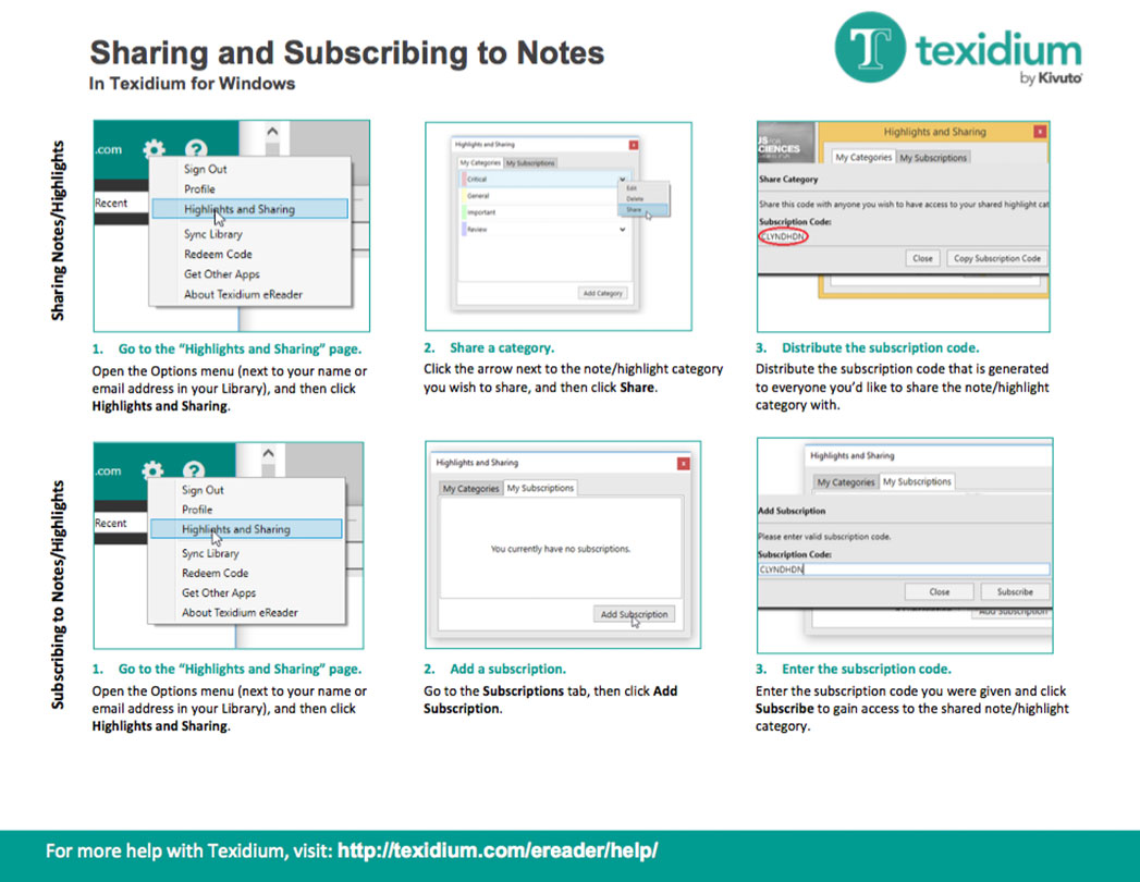 Sharing and Subscribing to Notes in Texidium Windows