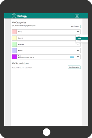 An iPad with the Texidium Highlights and Sharing menu