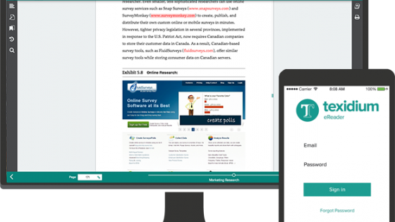 Desktop screen showing an eBook on the Texidium Reader and a Tablet screen showing the Texidium login prompt